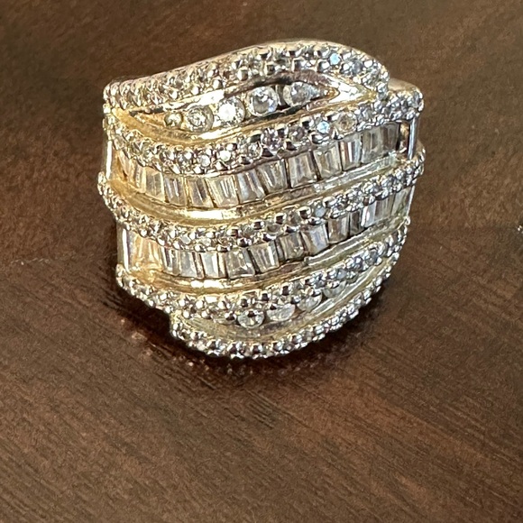 Large Diamonique Cocktail Ring. Baguettes and Rounds Set in Sterling. Size 8. - Picture 5 of 8